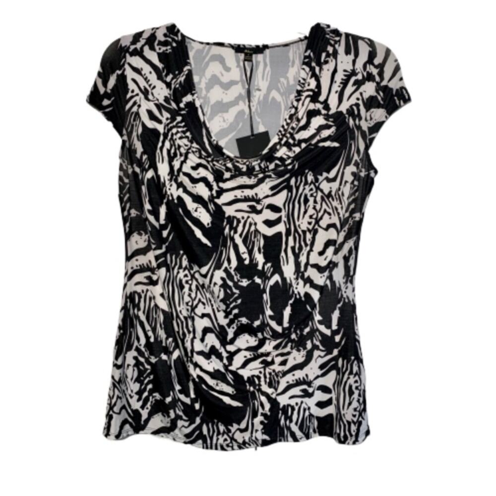 Milano Top Blouse Black & White Cowl Neck Cap Sleeve Top Size Medium NEW